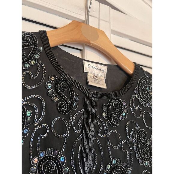 STENAY‎ Women's Size PM Medium Petite Shirt Blouse SILK Beaded VINTAGE Cardigan - Picture 4 of 10